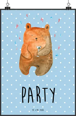 Produktbild von Mr. & Mrs. Panda Bild Bär Party DIN A0 - Blau Pastell - Geschenk, Lustig, Kunstdruck, wanddeko, Geburtstag, Geburtstagsgeschenk, Mitbringsel, drucke, Teddy, Wandbild