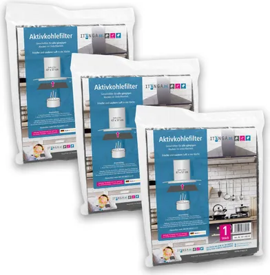 Three packages of activated carbon filters for a range hood, shown from the front.