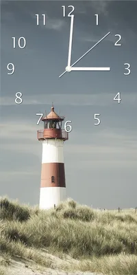 Produktbild von Wallario Design Wanduhr Leuchtturm auf der Düne am Strand aus Echtglas, Größe 30 x 60 cm