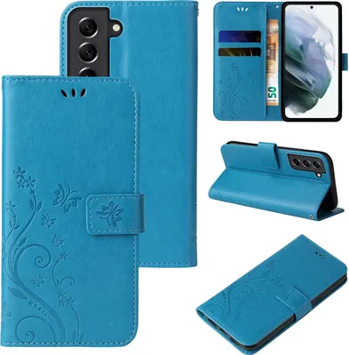 Produktbild von Handyhülle für Samsung Galaxy S21 Floral Blumen Schmetterling Flip Cover Hülle Case Klapphülle Handytasche Farbe: Blau