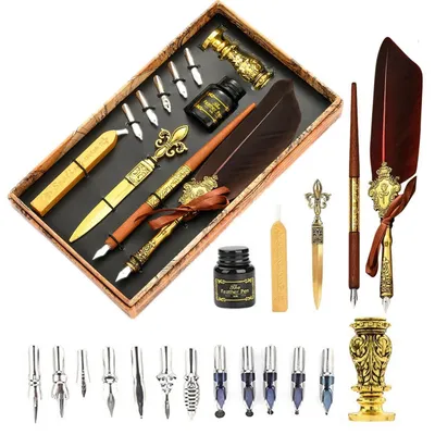 Produktbild von Kalligraphie Set für Anfänger Erwachsene, Siegelwachs Kit, Holz Dip Pen, 17 Federn, Ständer, Wachsstempel, Braun
