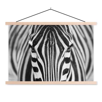 Produktbild von MuchoWow® Textilposter Zebra - Tiere - Schwarz und weiß - Porträt 60x40 cm mit holzfarbenen Rahmen - Bilder