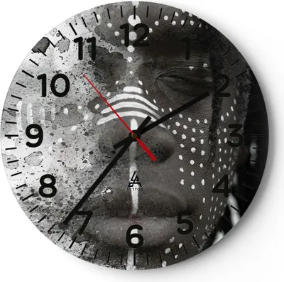 Produktbild von Wanduhr - Rund - Glasuhr - Afrikanisch Autochthon Gesicht - 30x30cm - Schleichendes Uhrwerk - Lautlos - zum Aufhängen bereit - Dekoration Modern - Wanddekoration aus Glas - C4AR30x30-4788