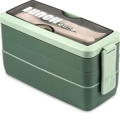 Image de Boîte à lunch étanche, 3 compartiments, empilable, 1 000 ml, style japonais, boîte à bento, compatible micro-ondes, vert foncé