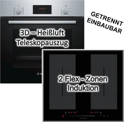 A collage showing a Bosch oven and a Bosch induction hob, with feature descriptions overlaid.