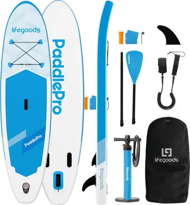 Produktbild von LifeGoods SUP Board Allround Compact - 100 KG Tragkraft - 300 x 76 cm - Aufblasbar - Komplettes SUP Paket - Weiß/Sky Blue