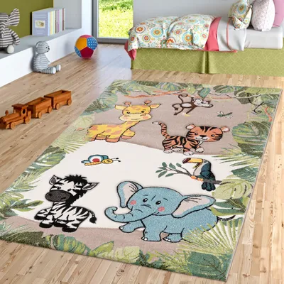 Produktbild von TT Home Kinderzimmer Teppich Dschungel Zoo Tiere Zebra Tiger Löwe Affe Beige Creme Größe 160x230 cm