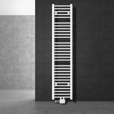 Produktbild von LuxeBath Badheizkörper Mittelanschluss 300 x 1800 mm Weiß gerade mit Thermostat und Anschlussgarnitur Universal Eck- und Durchgangsform, ohne Heizstab
