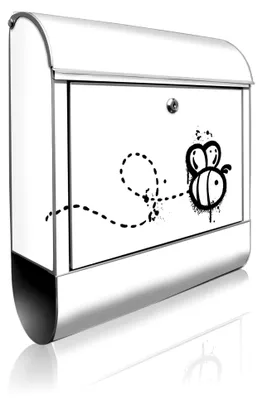 Produktbild von Design Briefkasten 38,5x46,5x13cm mit 2 Schlüsseln - Briefkasten aus Stahl in Silber mit Zeitungsfach - Postkasten für A4 Einwurf inkl. Montagematerial - Motiv Fliegende Biene Graffiti