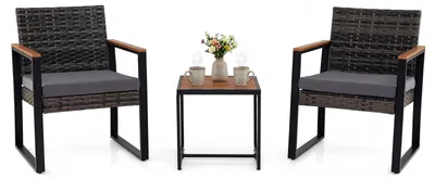Immagine prodotto di Set di mobili da giardino in polyrattan COSTWAY, set da balcone 3 pezzi con 2 sedie, tavolo e cuscini, set da balcone per 2 persone, salottino da esterno grigio