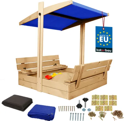 Produktbild von KOTARBAU® Sandkasten mit Abdeckung 100 x 100 cm Großer Naturfarbe Holzsandkasten mit Blau Dach Sandkasten mit Deckel Sandkasten mit Dach Gartenspielzeug Kinder imprägniert verschließbar mit Bänken