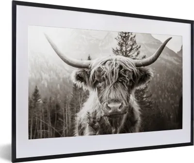 Produktbild von MuchoWow® Gerahmtes Poster Schottischer Highlander - Kuh - Tiere - Schwarz - Weiß 60x40 cm - Poster mit Schwarzem Bilderrahmen Wandposter Rahmen Foto Bilder - Schlafzimmer - Plakat in Rahmen - Drucken