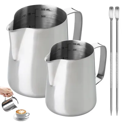Produktbild von Set aus 2 Edelstahl-Milchkannen mit Latte-Art-Stift für Kaffee