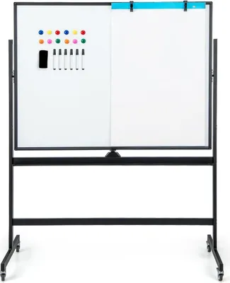 Zdjęcie produktu dla Dwustronna tablica magnetyczna z regulacją wysokości i możliwością obrotu o 360°, mobilna tablica magnetyczna ze stojakiem, tablica z siatką i gumką, taca i marker (czarna)