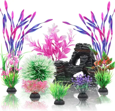 Imagen del producto de Kit de accesorios para acuario, de 10 piezas, que incluye plantas artificiales y una cueva de resina, apto para acuarios de 5 galones o más