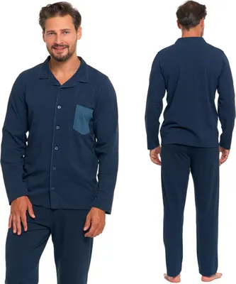 Produktbild von Moraj Herren Schlafanzug lang Pyjama mit Knöpfen Baumwolle 5100-009, Dunkelblau, M