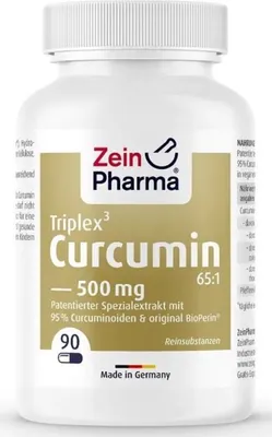 A white bottle of Zein Pharma Curcumin Triplex supplement with a gold label.