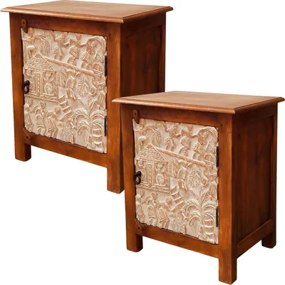 Produktbild von Marrakesch 2er Set Skandi Holz Nachttisch Faten Braun 60cm Hoch | Boho Vintage Nachtkommode orientalisch handverziert | Nachtschrank auch für Boxspringbett | Asiatische Möbel aus Indien