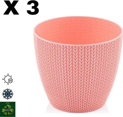Produktbild von 3 rosa Blumentöpfe - gehäkelt - Serinova - Kräutertöpfe - rosa Pflanzgefäße mit Wasserschale