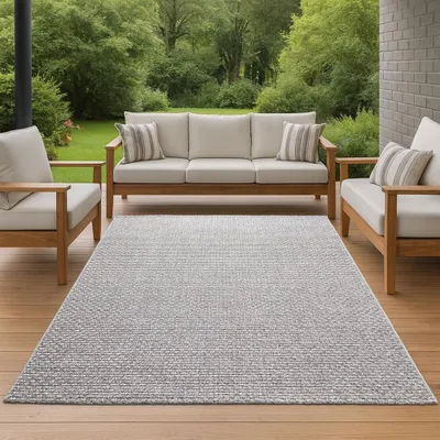 Zdjęcie produktu dla Dywan wewnętrzny i zewnętrzny balkon odporny na warunki atmosferyczne o płaskim splocie w kolorze szarym rozmiar - 140 x 200 cm