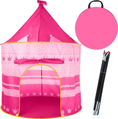 A pink princess castle play tent with poles and a carrying case.