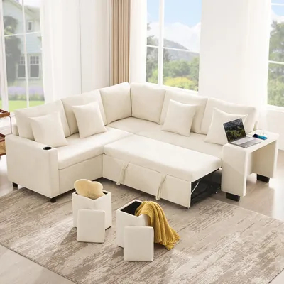 Produktbild von okwish Ecksofa Modulares Sofa mit USB und USB-C Anschlüsse Loungesofa Umwandelbares Schlafsofa mit Stauraum und Getränkehalter Wohnzimmersofa mit Kissen und Breite Armlehnen Beige