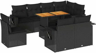 Obrázek produktu pro vidaXL 9dílná zahradní sedací souprava s polštáři z černého polyratanu