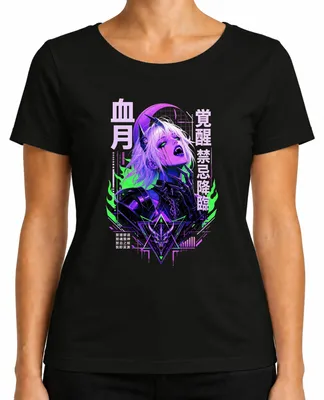 Zdjęcie produktu dla Koszulka damska z motywem anime: "Demon Girl Cyberpunk", styl japoński, gotycki, lata 2000, motyw sukuba, oni. Kolor: czarny. Rozmiar: M