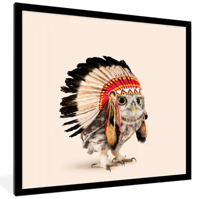 Produktbild von MuchoWow® Gerahmtes Poster Eule - Indianer - Federn - Tiere 40x40 cm - Poster mit Schwarzem Bilderrahmen Wandposter Rahmen Foto Bilder - Mit Rahmen - Wanddekoration Schlafzimmer