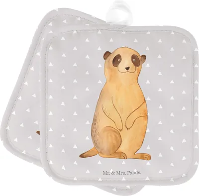 Produktbild von Mr. & Mrs. Panda 2er Set Topflappen  Erdmännchen - Grau Pastell - Geschenk, Ofenlappen, Topflappenset, Afrika, Reisen, Roadtrip, topfhalter, Topfuntersetzer, Spruch