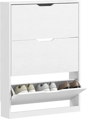 Produktbild von Schmaler Schuhschrank mit 3 Klappen für 9-12 Paar Schuhe, 80x17x108 cm, Weiß | Schuhregal, Schuhkipper, Schuhkommode