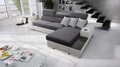 Produktbild von Ecksofa mit Schlaffunktion Eckcouch PERS I MINI Sofa (Grau Sawana 96 + weißes Kunstleder, Rechts)