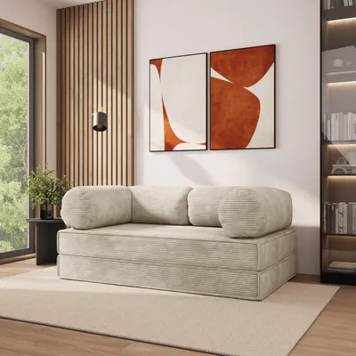 Produktbild von Masseno Schaumstoffsofa ALVIO mit Schlaffunktion, Schlafsofa, Wohnzimmersofa, Couch, Sofa, Bettsofa, Kordstoff – Creme POSO 100