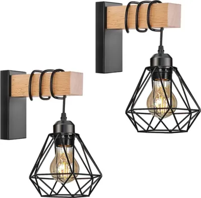 Produktbild von 2 pcs Wandlampe Vintage Wandleuchte im Industrial Design aus Eisen und Holz  220V E27