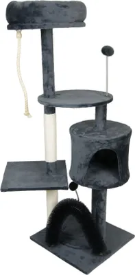 Immagine prodotto di Tiragraffi TANJA piccolo e leggero, beige o grigio, con cuccia, piume giocattolo, cuccia, spazzola per la toelettatura, colore: grigio