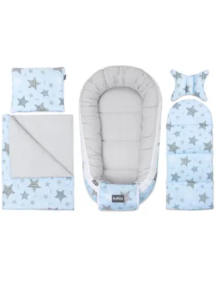 Produktbild von Bellochi 5 tlg. Baby Kuschelnest-Set - aus 100% Baumwolle -   - inkl Babynestchen 90x60 cm, Kuscheldecke, Kopfkissen, flaches Kissen mit Bezüge - Rigel Star
