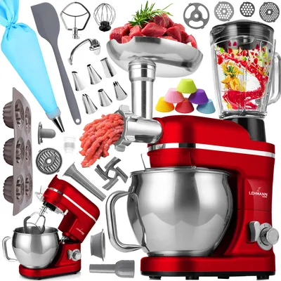 Produktbild von Robot planetarny LEHMANN MASTIC RED 3000W mikser blender maszynka do mięsa i makaronu, bogaty zestaw akcesoriów XXL
