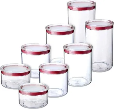 Obrázek produktu pro Průhledné nádoby s víkem – sada 8 kusů (2×0,5 l, 2×1 l, 2×1,5 l, 2×2 l), bez BPA, vhodné do myčky, stohovatelné, průhledné, červené