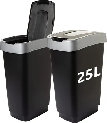 Two black trash cans with silver lids and trim, one with its lid open, against a white background.