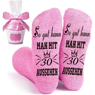 Produktbild von Kuschelsocken Damen 39-42 Antirutsch mit Spruch "So gut kann MAN MIT 18/30/40/50 AUSSEHEN" Polyester Cupcake-Verpackung Rosa