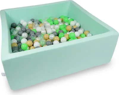 Produktbild von Bällebad 110x110x40cm mint – Mit 600 Bällen / Seladon, Weiß, Transparent, Perlmutt, Beige, Grau