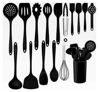 Produktbild von Silikon Küchenhelfer Set, 16 Teile Schwarz Küchenutensilien Kochbesteck, Hitzebeständiges Kochutensilien Set mit Utensilienhalter, Gesund & Antihaft, Spülmaschinengeeignet