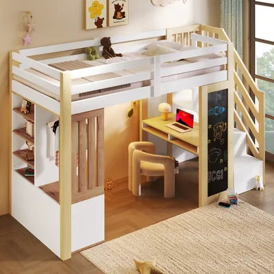 Produktbild von STILVORA Hochbett 90x200 cm mit Schreibtisch und LED-Beleuchtung, Etagenbett mit Regalen und Kleiderschrank, Kinderbett mit Aufbewahrungsleiter und Tafel Weiß+Natur
