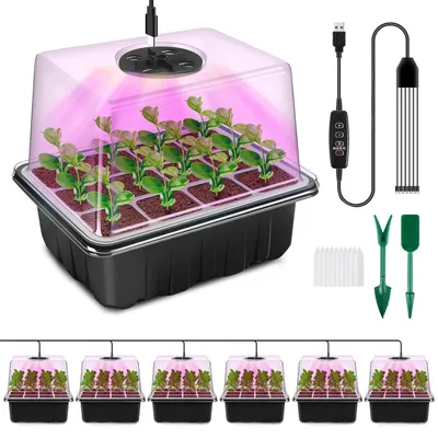 A set of six seedling starter trays with clear dome lids and LED grow lights, along with gardening tools and accessories.
