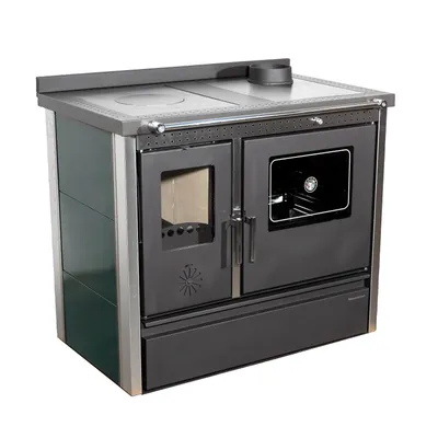 Produktbild von Kaminofen mit Backfach und Herdplatte 4050 Lotus Inox Grün Holzofen 11 kW Holz Ofen Mehrfachbelegung Kamin Heizofen Küchenherd
