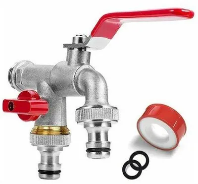 Produktbild von Premium Gartenschlauchpumpe - 1/2 doppelte Messingpumpe - korrosionsbeständig - mit 2 Schlauchanschlüssen, 1 Dichtungstape, doppelter Anschluss und Gartenschlauchstrahl - rot