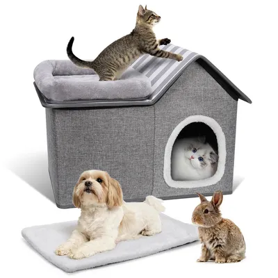 Produktbild von Katzenhaus für drinnen und draußen, warmes Katzenbett mit abnehmbarer Plattform, faltbar Katzenhöhle, 64×40×43 cm, Winter geeignet