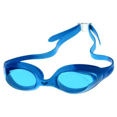 A pair of blue swimming goggles against a white background.