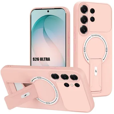 Image de Coque pour Samsung Galaxy S26 Ultra, Protection Silicone avec Support et Cercle Magnétique - Rose