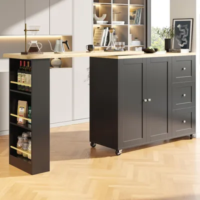 Image de OKWISH Tables de Bar Extensibles - Table Pivotante 360° avec 3 Tiroirs et Support à Snacks, Meuble Bar Multifonction, Noir, 138-209x39x104 cm
